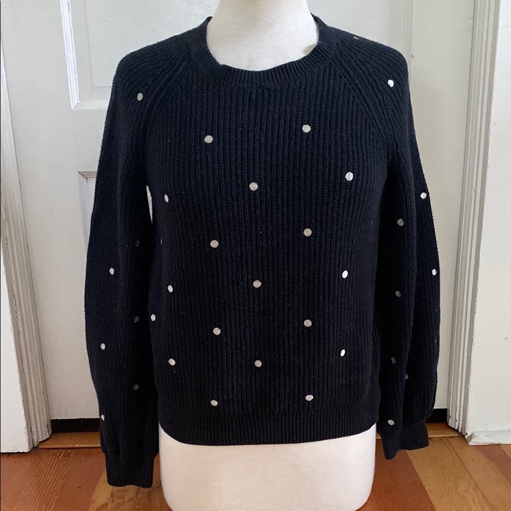 Lucky Brand Black Gold Embroidered Polka Dot Sweater Small